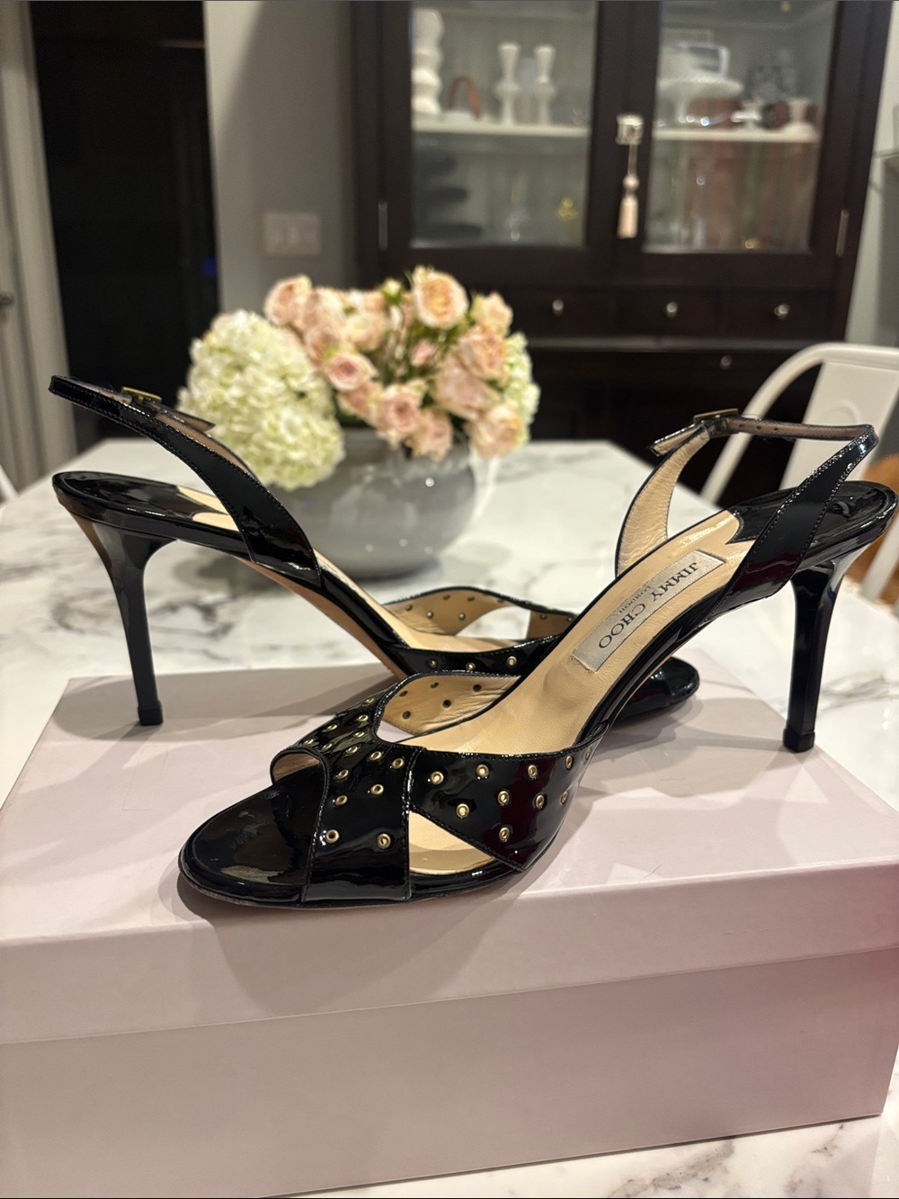 Authentic Jimmy Choo Black Patent Leather Studded Open-Toe Heels - Picture 3 of 6